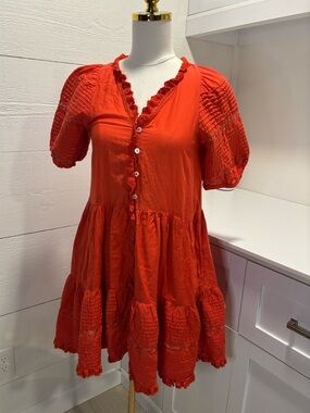 Sea New York Red Cotton Lace Mini Dress Boho Pintuck Romantic Size S